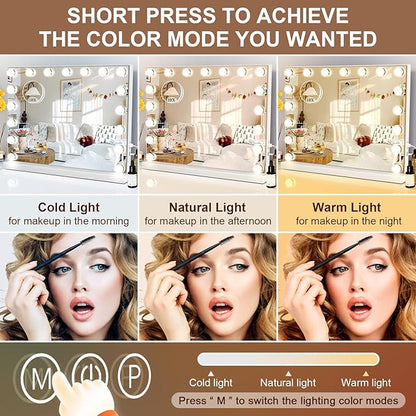Kottova Large Vanity Mirror with Lights,24.4"x 21.2",Hollywood Vanity Makeup Mirror with 3 Color Lights, 17 LED, USB Charging Port,Detachable 10X Spot Mirror,Touch Control,White