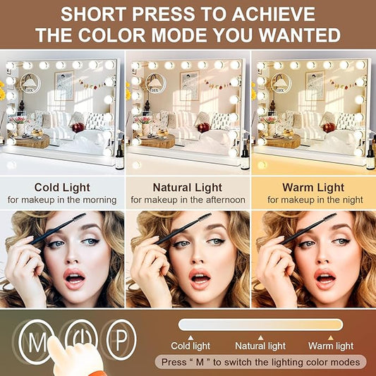 Kottova Large Vanity Mirror with Lights,24.4"x 21.2",Hollywood Vanity Makeup Mirror with 3 Color Lights, 17 LED, USB Charging Port,Detachable 10X Spot Mirror,Touch Control,White