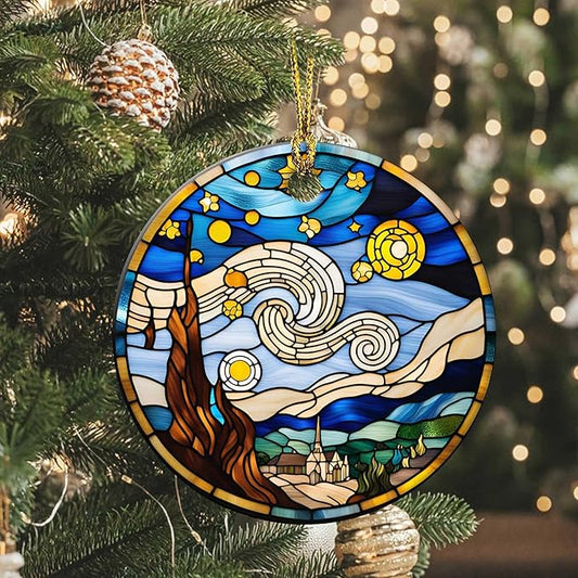 Starry Night Ornament Round Ceramic Stained Glass Style Ornament Xmas Keepsake for Christmas Tree Winter Holiday Xmas Gift for Women Men Xmas Hanging Ornament 3"