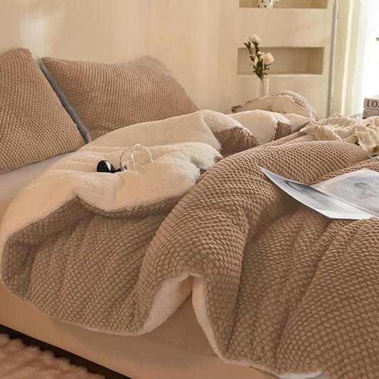 3D Jacquard Sherpa Comforter Set (Beige, Queen Size 90"x90") and Reversible Sherpa Comforter Set (White, Twin Size 68"x90")