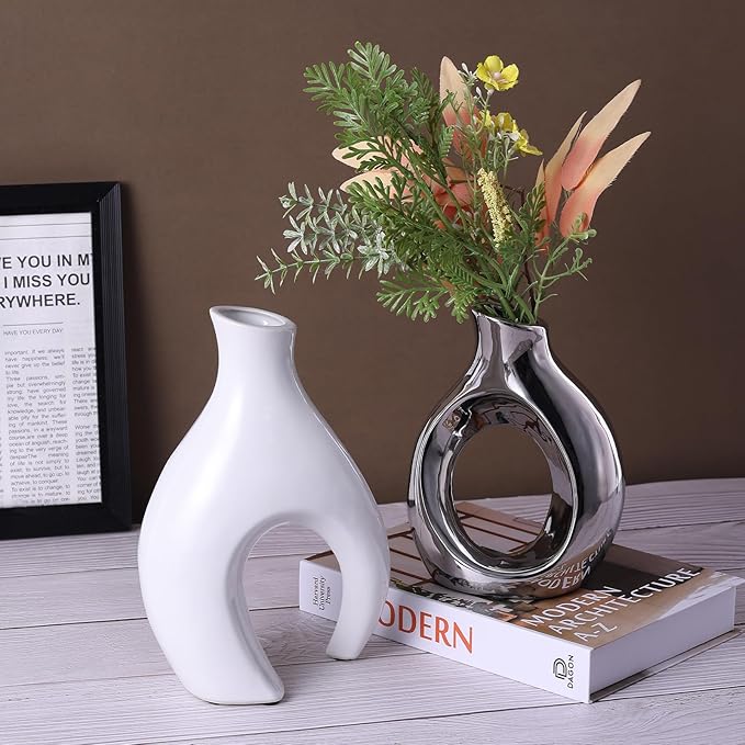 Ceramic Decorative Vases 2 Piece Set, Bohemian Style Openwork White and Silver Decorative Vases, Home Decor Aesthetics for Kitchen Cabinets, Office, Bedroom, Dresser, Entryway Table Decor.