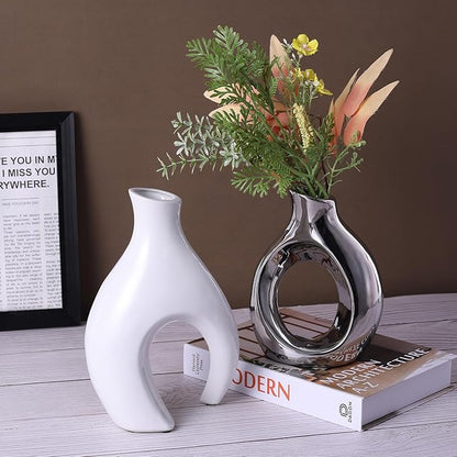 Ceramic Decorative Vases 2 Piece Set, Bohemian Style Openwork White and Silver Decorative Vases, Home Decor Aesthetics for Kitchen Cabinets, Office, Bedroom, Dresser, Entryway Table Decor.