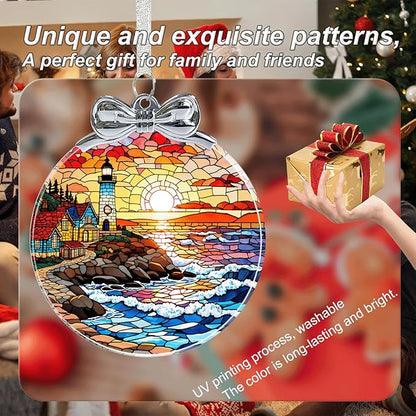 Lighthouse Stained Glass Christmas Ornament - Hanging Ornaments for Christmas Tree Decorations -Holiday Keepsake Present Exchange Idea