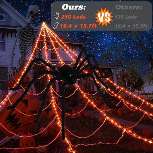 Halloween Spider Web Lights Decoration 250LED Light up Spider Webs Halloween Decorations Outdoor with 59" Large Spider & 3.53oz Stretch Cobweb 16.4Ft Giant Web with 8 Modes, Orange
