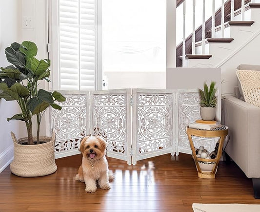 Wooden Foldable Pet Dog Safety Gate - 4 Panel 20" W x 24" H - Hand Carved Suzani Free Standing Portable Indoor Puppy Gate - Doorway Hall Stairs Dog Fence - Assembled - White Wash - IRONGATE