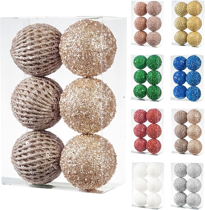 6pcs 3.94" Christmas Ball Ornaments Glitter Shatterproof Christmas Tree Ornaments Sequin Xmas Hanging Balls Decorations for Wedding Party Holiday(Champagne Gold, 6pc-10cm)