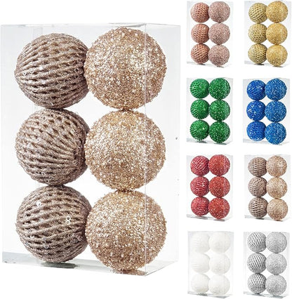6pcs 3.94" Christmas Ball Ornaments Glitter Shatterproof Christmas Tree Ornaments Sequin Xmas Hanging Balls Decorations for Wedding Party Holiday(Champagne Gold, 6pc-10cm)