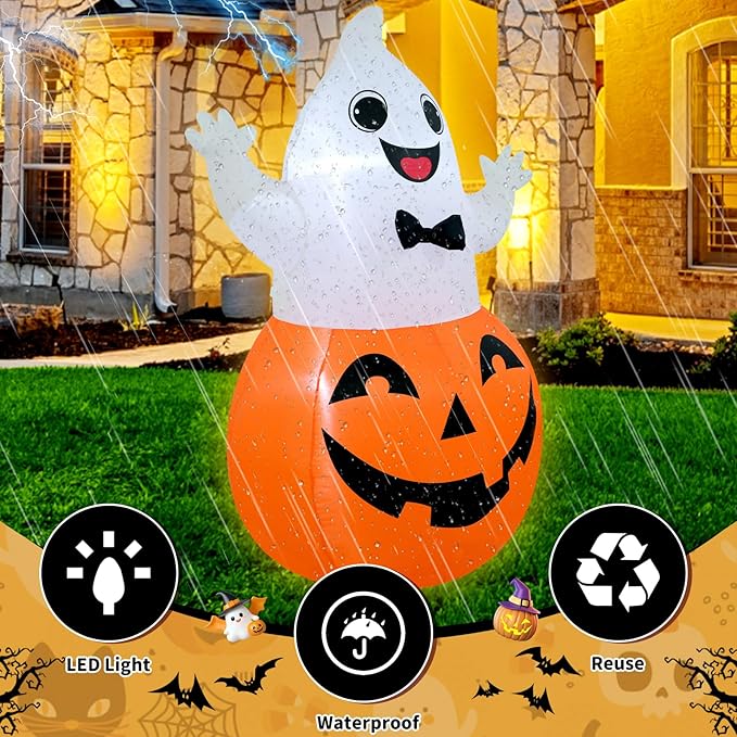 TRMESIA 4FT Halloween Inflatable Decor Spooky Pumpkins Blow up Pumpkin Ghost with LED Lights Indoor Outdoor Lawn Graden Yard Holiday Party Decor