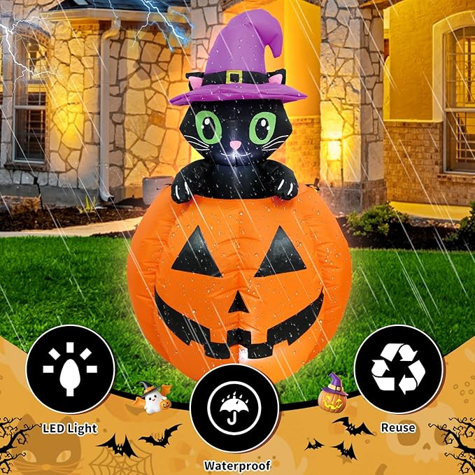 4FT Halloween Inflatable Decor Lifting Cat Pumpkins with LED Lights Indoor Outdoor Blow Up Decoration Halloween Party Holiday Decoration
