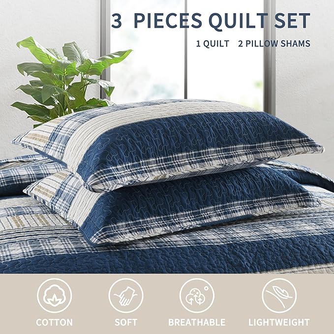 Homzard Queen Size Comforter Set - Blue White Tan Striped Queen Quilt Set,Plaid Striped Bedding Quilt, Farmhouse Bedspread Queen Size, Lightweight Bedding Quilts 3 Pieces All Season