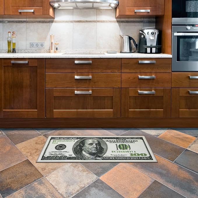 Machine Washable $100 Bill Design Non-Slip Rubberback 17x43 Modern Runner Rug for Hallway, Kitchen, Bedroom, 17" x 43", Green/Multicolor