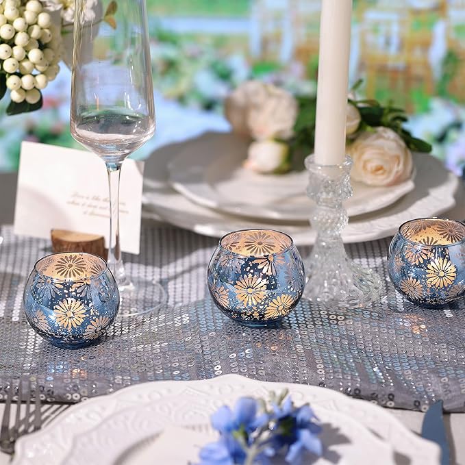 Blue Mercury Glass Votive Candle Holders Set of 12, Round Tealight Candle Holders Bulk for Table Centerpieces, Weddings, Shower Gifts, Party Decorations