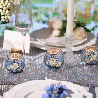 Blue Mercury Glass Votive Candle Holders Set of 12, Round Tealight Candle Holders Bulk for Table Centerpieces, Weddings, Shower Gifts, Party Decorations