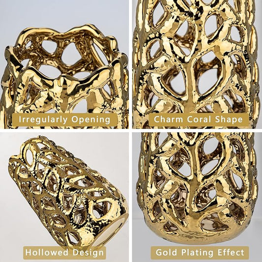 Gold Vases for Centerpieces, Coral Openwork Ceramic Flower Vase 9" Hollowed Decorative Pampas Grass Vase Gold Table Decor for Home Living Room Dinner Room Bedroom Office Wedding