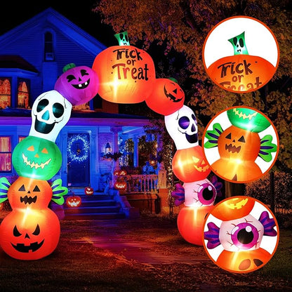 10FT Halloween Inflatables Pumpkin Skeleton Archway with Built-in LED Lights – Blow Up Yard Decoration with Candy Pumpkins for Indoor Outdoor Lawn Garden