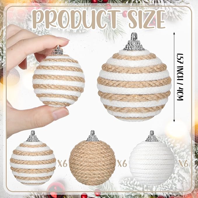 Syhood 18 Pcs 1.57 Inch Christmas Ball Ornaments Boho Farmhouse Jute Rope Hanging Balls Burlap Neutral Rustic Ornaments for Xmas Tree Holiday Wreath Garland Wedding Home
