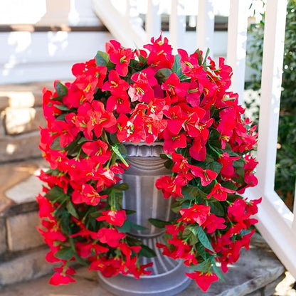 Artificial Faux Bougainvillea Flowers Plants for Outdoor Outside Summer Decoration, 2 PCS Fake Silk UV Resistant Look Real Long Trailing Vines for Front Door Porch Planter Urn Patio Balcony, Red
