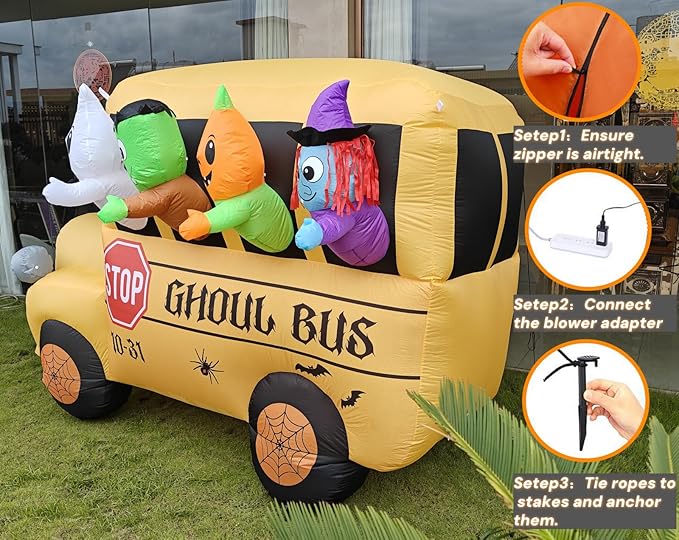 8FT Halloween Inflatable Ghoul Bus with LED Lights - Giant Haunted School Bus Yard Decoration for Outdoor Halloween Party, Haunted House, Trick or Treat Decor (Ghost, Pumpkin, Witch Design)