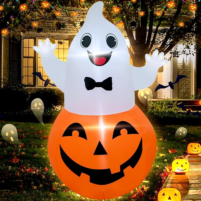 TRMESIA 4FT Halloween Inflatable Decor Spooky Pumpkins Blow up Pumpkin Ghost with LED Lights Indoor Outdoor Lawn Graden Yard Holiday Party Decor