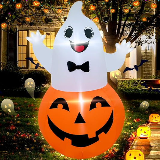 TRMESIA 4FT Halloween Inflatable Decor Spooky Pumpkins Blow up Pumpkin Ghost with LED Lights Indoor Outdoor Lawn Graden Yard Holiday Party Decor
