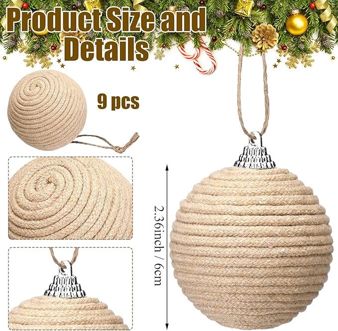 Syhood 9 Pcs 2.36 Inch Christmas Ball Ornaments Boho Farmhouse Jute Rope Hanging Balls Burlap Neutral Rustic Ornaments for Xmas Tree Holiday Wreath Garland Wedding Home(Linen)