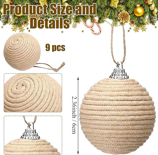 Syhood 9 Pcs 2.36 Inch Christmas Ball Ornaments Boho Farmhouse Jute Rope Hanging Balls Burlap Neutral Rustic Ornaments for Xmas Tree Holiday Wreath Garland Wedding Home(Linen)