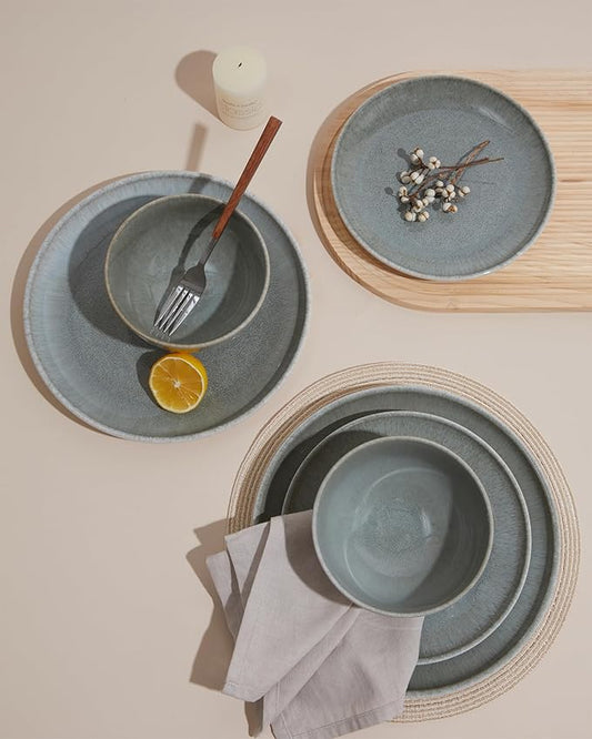 16 Piece Double Bowl Dinnerware Sets, Stain Resistant Dish Set with Pasta Bowls, Easy Cleaning Dishes, Multi-Functional Plate and Bowl, Stack Compactly Plate Set, Service for 4