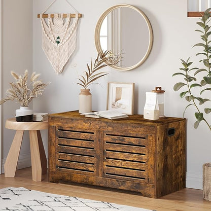 DINZI LVJ Storage Chest, Flip-Top Wooden Toy Box with 2 Safety Hinges, Retro Entryway Shoe Bench, Sturdy Large Storage Trunk for Living Room, Bedroom, Toddler Room, Easy Assembly, Rustic Brown