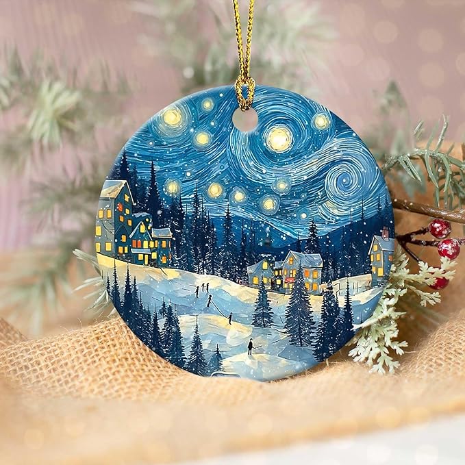 Happy Winter Holiday Ornaments Snow Village Round Ceramic Colorful Hanging Ornament Christmas Keepsake Decor for Xmas Tree Winter Holiday Xmas Gift for Women Men 3"