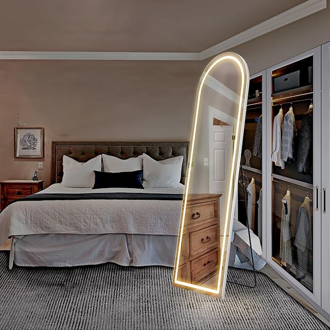 Sweetcrispy 63"x20" Mirror Full Length Standing Mirror with LED Lights, Lighted Floor Mirror with Stand, w/Dimming & 3 Color Lighting, Wall Mirror Full Length Aluminum Alloy Thin Frame, White