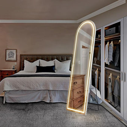 Sweetcrispy 63"x20" Mirror Full Length Standing Mirror with LED Lights, Lighted Floor Mirror with Stand, w/Dimming & 3 Color Lighting, Wall Mirror Full Length Aluminum Alloy Thin Frame, White