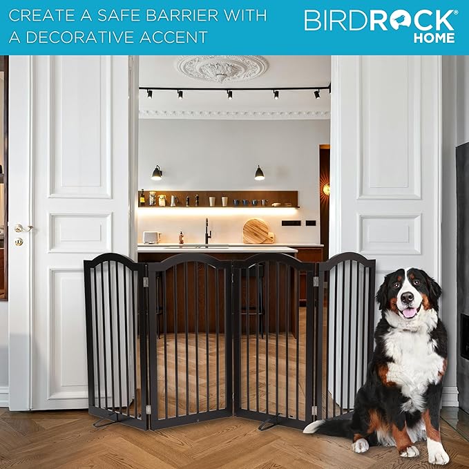 INTERNET'S BEST Arched Top Dog Gate with Support Feet | 4 Panel, 36" H Wooden Pet Barrier for Dogs or Cats | Freestanding Folding Gates for Doorways, Hallways, Stairs| Portable, Extra Wide | Espresso