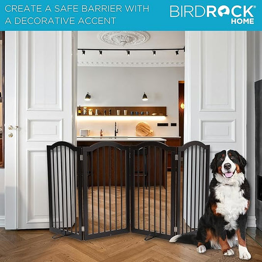 INTERNET'S BEST Arched Top Dog Gate with Support Feet | 4 Panel, 36" H Wooden Pet Barrier for Dogs or Cats | Freestanding Folding Gates for Doorways, Hallways, Stairs| Portable, Extra Wide | Espresso