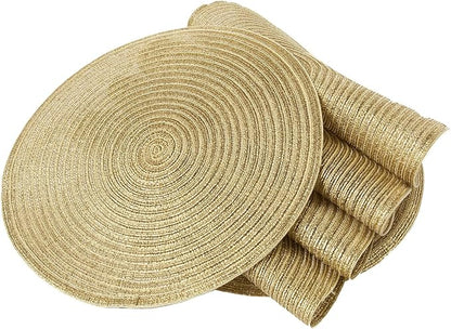 SHACOS Glitter Gold Round Braided Placemats Set of 8 Sparkle Washable 15 inch Round Table Mats Woven Place Mats for Dining Table (Gold, 8)