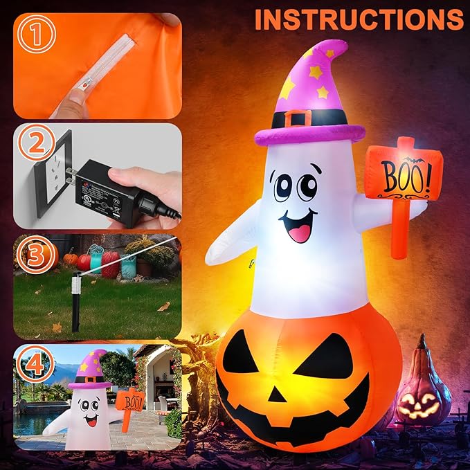 BOHON 5Ft Halloween Inflatables Decorations Outdoor Cute Pumpkin Ghost with Witch Hat Built-in Led Lights Blow Up Yard Decor Inflatable Clearance for Indoor Outside Home Holiday Party Lawn Garden
