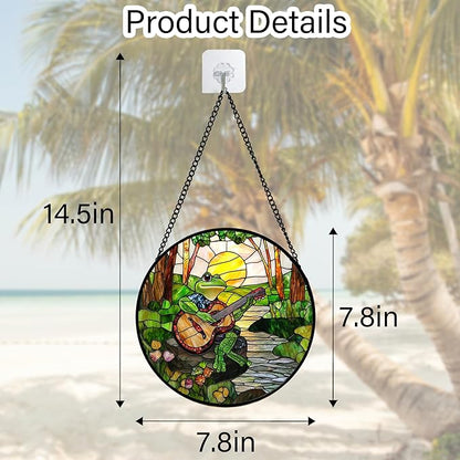Stained Glass Window Hanging, Frog Playing Guitar Suncatcher Diamond Glass Panel Funny Sun Catchers Decor for Birthday for Women, Men, Wife, Aunt, and Mom 6.3 in