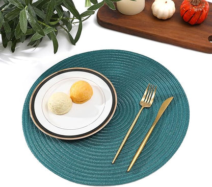 SHACOS Round Placemats Set of 6 Washable 15 inch Round Table Mats Cotton Polyester Woven Braided Place Mats for Dining Table, Teal Green
