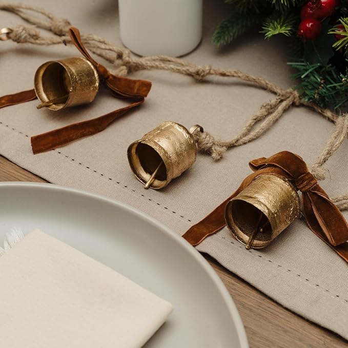 Rustic Golden Christmas Bell Ornaments and Velvet Bows – Beautiful Ornament Set of 10 Adds Elegance to Any Modern or Farmhouse Christmas Tree Decor – Giftable Vintage Bells w/a Festive Holiday Sound
