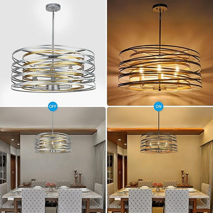 23.6'' Large Vintage Round Chandelier, 6-Light Modern Farmhouse Lantern Chandelier, Antique Double Drum Chandelier for Dining Room Entryway Kitchen Island Foyer, Silver with Gold Interior