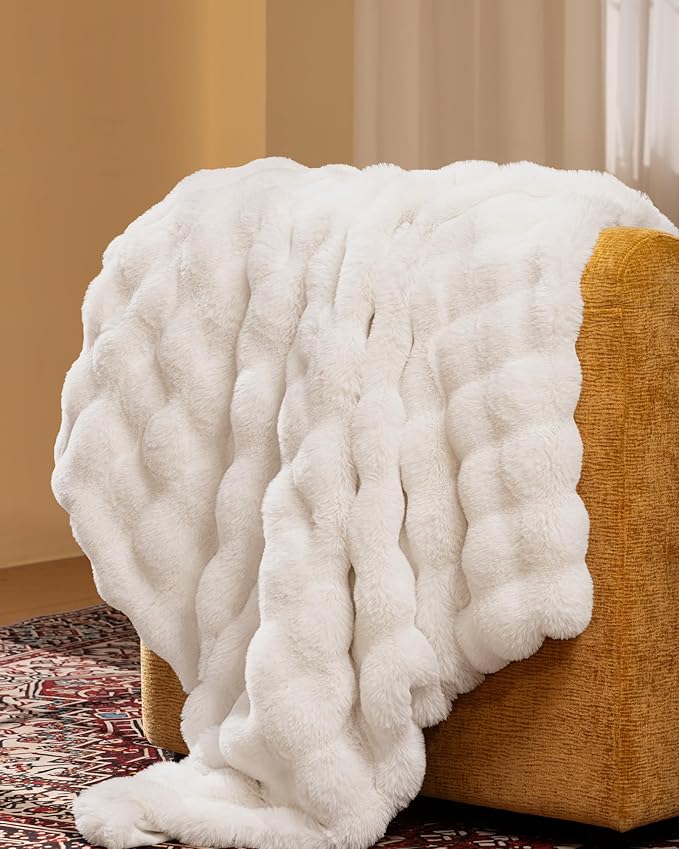 Ultra Soft Cozy Faux Fur Throw Blanket, Fuzzy Plush Thick Bubble Blanket, Luxury Fluffy Blanket for Couch, Sofa, Bedroom, and Living Room, 50x60 Inches, Off White