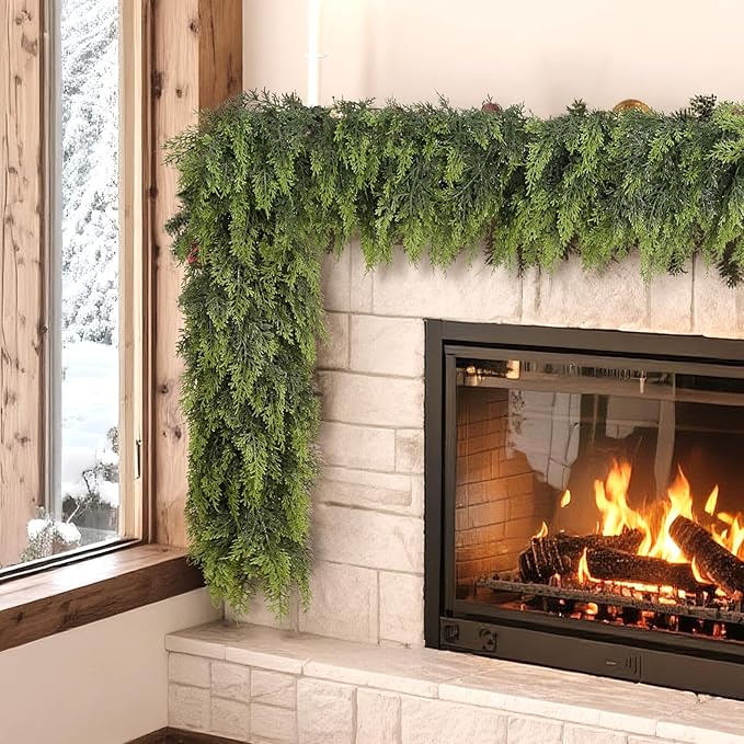 16FT Cedar Garland for Fireplace - Artificial Christmas Garland Thick and Lush Realistic Faux Cedar Fake Pine Needles Garland for Table,Window,Stairs,Mante,Indoor Outdoor Decor (1PCS)