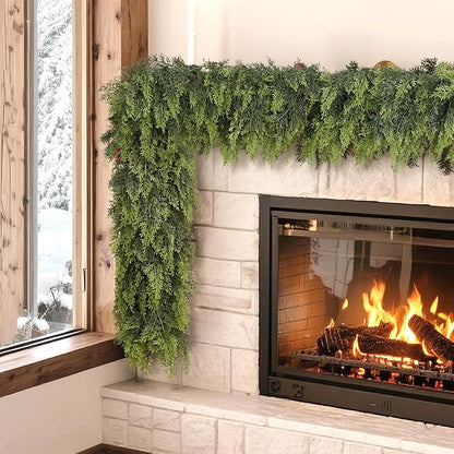 16FT Cedar Garland for Fireplace - Artificial Christmas Garland Thick and Lush Realistic Faux Cedar Fake Pine Needles Garland for Table,Window,Stairs,Mante,Indoor Outdoor Decor (1PCS)
