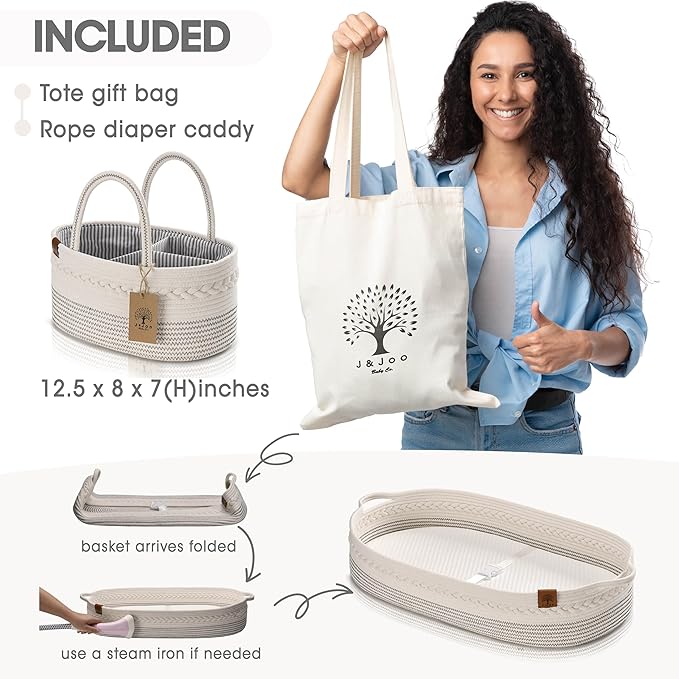Baby Changing Basket Includes Diaper Caddy - Breathable & Waterproof Dual-Cover, Portable, Changing Pad for Dresser & Changing Table, Gift for Baby Shower, Cotton Rope Basket for Baby