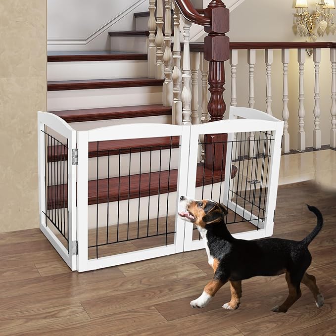 ZJSF Freestanding Foldable Dog Gate - Extra Wide White Puppy Gate for Stairs & Doorways - Tall 4 Panels Wooden Pet Fence