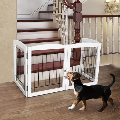 ZJSF Freestanding Foldable Dog Gate - Extra Wide White Puppy Gate for Stairs & Doorways - Tall 4 Panels Wooden Pet Fence