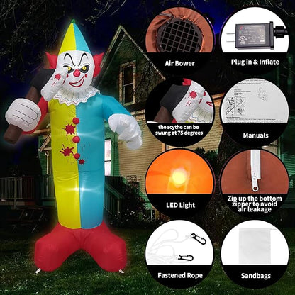7 FT Halloween Inflatables Giant Outdoor Decorations Blow Up Yard Scary Clown Holding 75 Degrees Swings Sickle with Built-in LEDs for Garden Lawn Indoor Party Decor