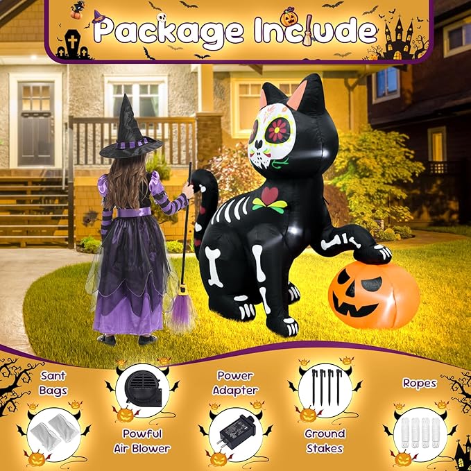 5FT Skeleton Cat Halloween Inflatable Decoration Pumpkin Decor Spooky Halloween Blow Up Decor for Parties with LED Lights Indoor Outdoor Holiday Yard Graden Decoration