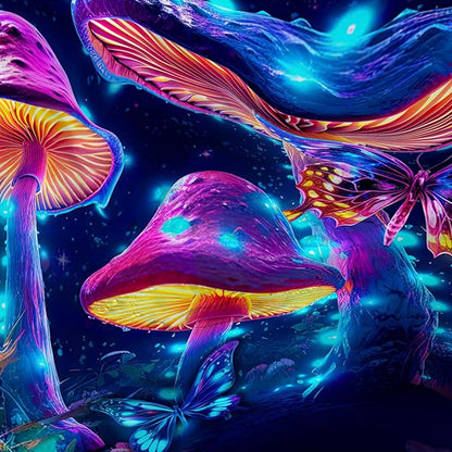 AILONEN Magic Mushroom Shower Curtain for Kids Girls,Glowing Mushrooms and Starry Night Waterproof Fabric Shower Curtain for Bathroom,Butterfly Plants Shower Curtain Set with Hooks,72" W*72" H