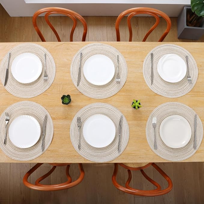 SHACOS Placemats Set of 8 Round Braided Place Mats 15 inch Washable Table Mats for Home Wedding Holiday Party (Ivory, 8)