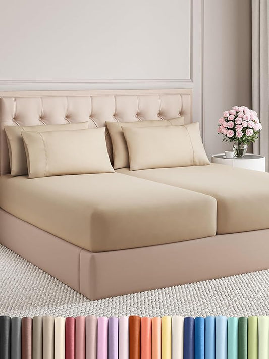 CGK Linens Split King 7 Piece Sheet Set - Cooling Sheets for Hot Sleepers - Hotel Luxury Bedding Set with 8-16 Inch Deep Pockets - 1 Flat & 2 Fitted & 4 Pillowcases - Soft & Wrinkle Free - Split King